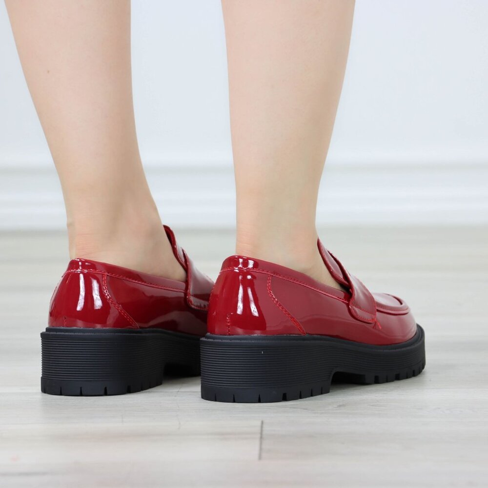 Womens Chunky Penny Loafer Lug Sole Slip On Platform Red Patent - Picture 16 of 16
